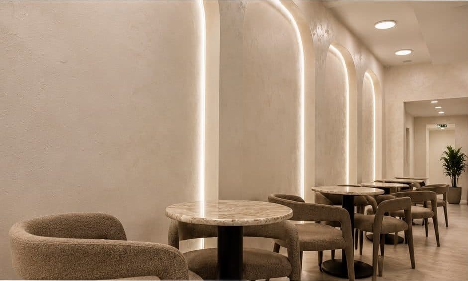 Finished illuminated arched wall features and seating area viewed along the length of the refurbished interior