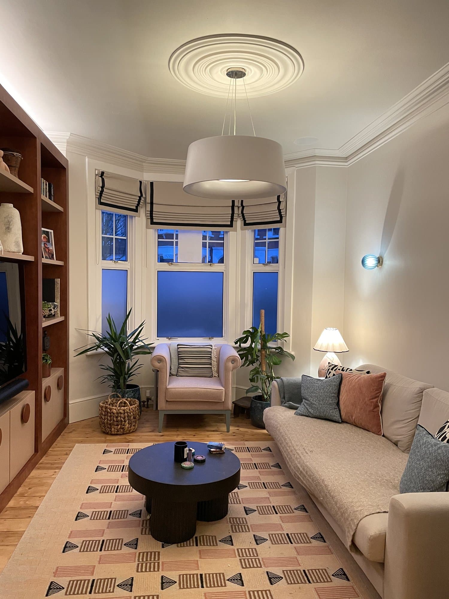 Richly furnished living room, finished as part of a luxury full house renovation