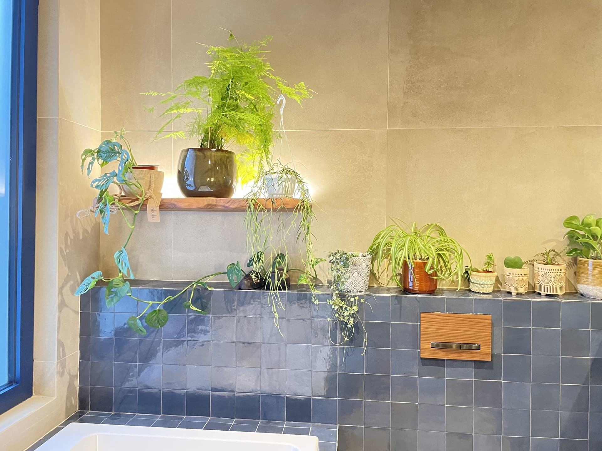 Spa-style bathroom with tiled surround and planting