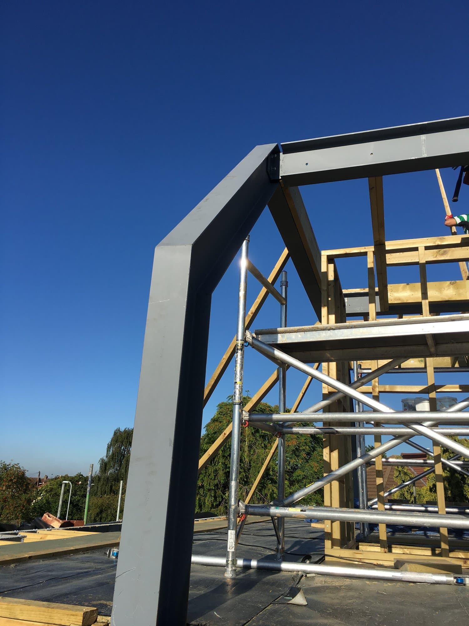 Steel beam junction at roof level during construction